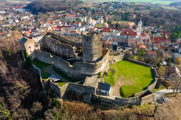 Aerial view of Medieval Castle Bolkow. Lower Silesia, Poland