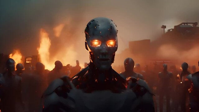 A robot with a human-like skull stands amidst flames and fellow machines, a tableau of a dystopian world on the brink. The fiery background conveys chaos and destruction.