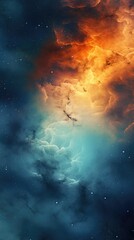 Fototapeta premium Fire in the Sky. Nebula Space, Blue and Orange light Glowing Smoke, Dramatic Sky, Colorful fantasy Background.