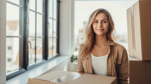 young woman or student with boxes for moving house or a woman in a warehouse with boxes