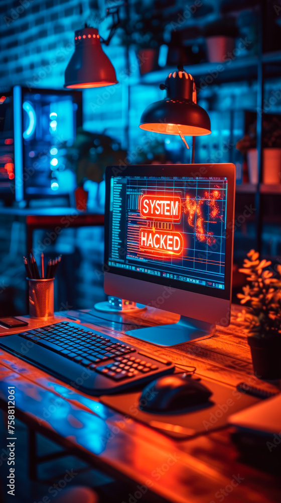 Poster cybersecurity breach warning with system hacked alert on a computer screen in a dark office environm