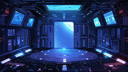宇宙船の船内　青く輝くサイバーテックな光