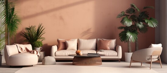 Fototapeta premium Stylish interior with comfortable furniture and plant by beige wall