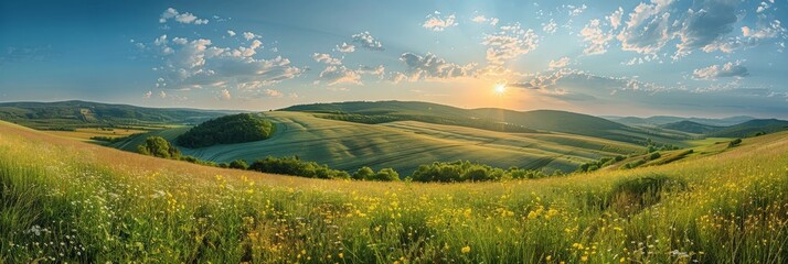 The bright sun casts a warm glow over a lush, green grassy hill, illuminating the landscape in a...