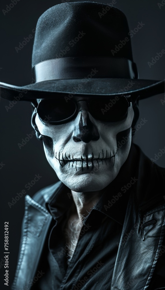 Poster day of the dead skeleton face painting backdrop with empty space for customized text inscription