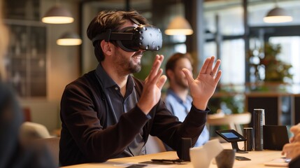 A business leader participating in a virtual reality team-building exercise, fostering collaboration and camaraderie among remote team members.