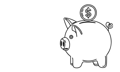 Obraz premium continuous one black line coins falling in Piggy bank doodle style vector illustration on white background