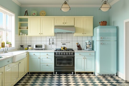 This interior design photo showcases a vintage kitchen in mid-century modern style, complete with retro appliances and a classic checkered floor, blending nostalgia with timeless elegance
