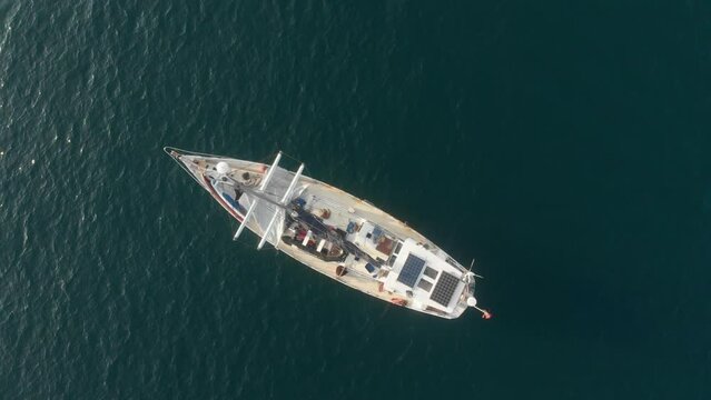 Aerial view of sailing yacht anchored in calm Indian ocean, Sri Lanka