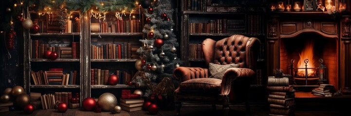 A cozy room filled with shelves overflowing with books, twinkling Christmas lights, a towering tree adorned with ornaments, and stockings hung by the fireplace