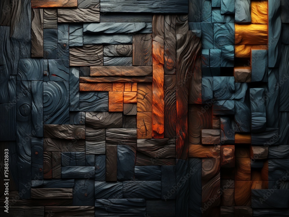 Poster a wall constructed entirely out of wooden blocks, showcasing a blend of stability and creativity in 