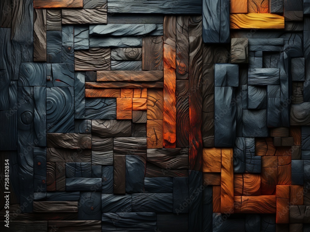 Fototapete wooden blocks of various colors create a striking mosaic on a wall, blending together to form a uniq