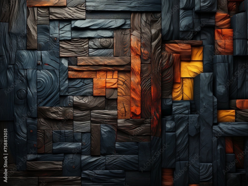 Aufkleber A vibrant wall constructed of various wooden blocks in a patchwork pattern, showcasing a unique blend of shapes and colors