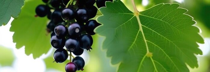 Black currant on a branch with sunlight, banner