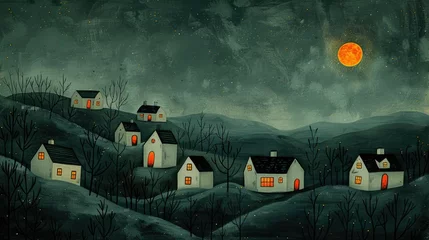 Schilderijen op glas Night at the Countryside. Spooky Halloween Haunted House Landscape Background with Moon Night Dark Blue Sky and Clouds illustration art for Wallpaper, Poster, Banner Design © DreamStock