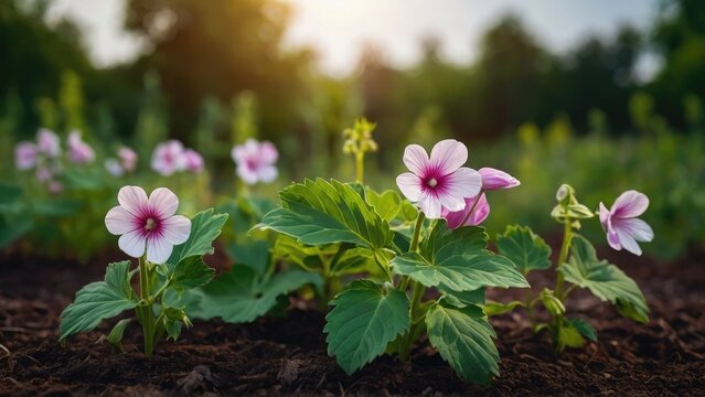 The mallow plant,  pink and white flowers, Marshmallow leaves and flowers, Medicine plant wallpaper, pink and white flowers, Marshmallow flower in garden. Althaea officinalis	
