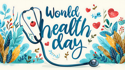 world health day text illustration background with plants and medical stethoscope - obrazy, fototapety, plakaty
