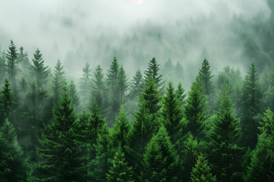 Foggy forest and a mountain in the background