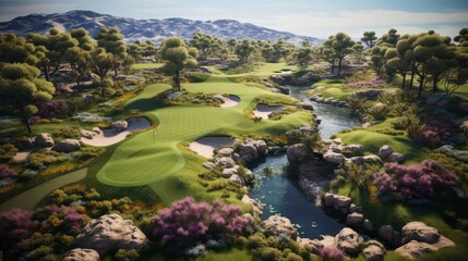 A beautiful painting of a golf course nestled among lush trees, creating a serene and picturesque setting