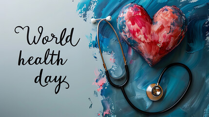 world health day text with stethoscope and oil paint heart isolated