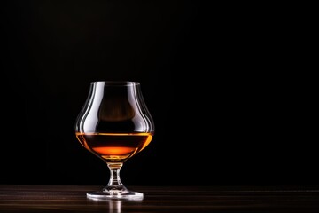 An elegant glass of brandy placed on a wooden surface, highlighted against a dark, moody background. Single Glass of Brandy on Dark Background