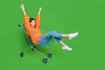 Full size portrait of overjoyed nice girl inside market trolley raise fists empty space isolated on...