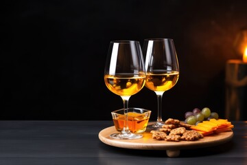 Two glasses of golden wine paired with cheese, grapes, and crackers on a round wooden board, set against a dark, moody backdrop. Elegant Evening Wine Tasting with Appetizers - obrazy, fototapety, plakaty