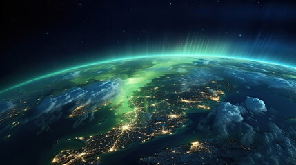 Abstract Planet Earth Universe with City Lights Landscape Map. Northern Lights Aurora Borealis Illuminating the Night Sky Spectacular Satellite View. 