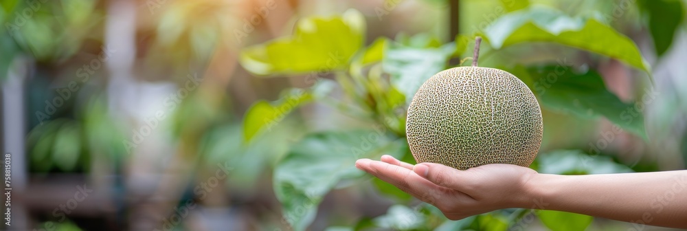 Aufkleber hand holding honeydew melon on blurred background with copy space for text placement