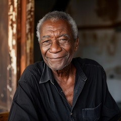 Cheerful Senior Black Male Smiling Happily in Room - obrazy, fototapety, plakaty