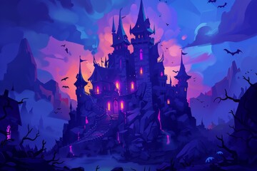 A creepy castle on a rock at night, a haunted gothic palace in the mountains with a pointed roof and glowing windows. Fantasia Dracula home in cartoon modern illustration. - obrazy, fototapety, plakaty