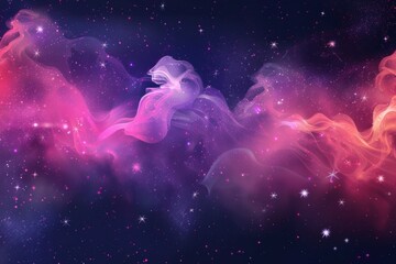 Modern illustration of dark night sky with pink and purple mist clouds, sparkles and glitter dust textures. Fantasy galaxy with smoke background. - obrazy, fototapety, plakaty