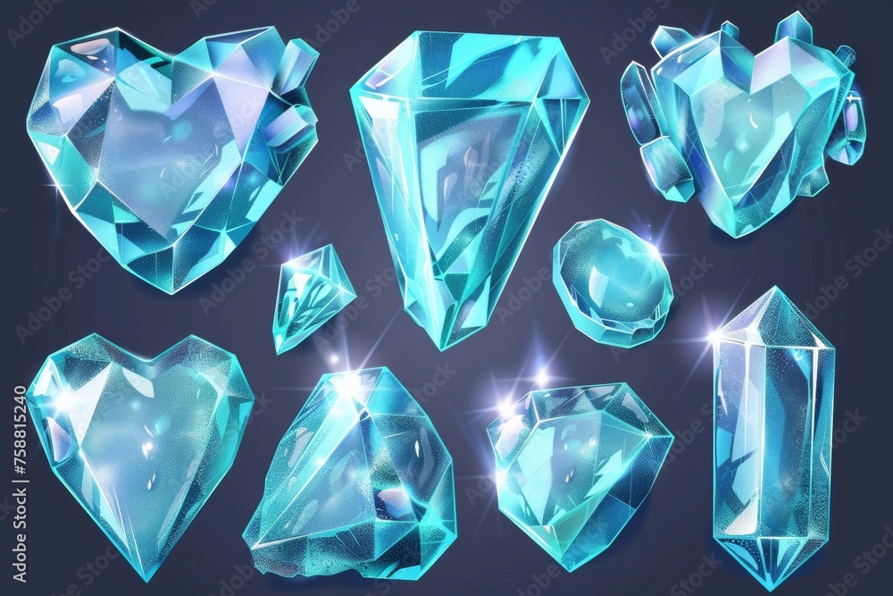 Aufkleber a set of glowing gemstones in the shape of a heart and crystal gems with magic light isolated on a t