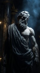 Mysterious ancient greek, roman male stoic statue, sculpture in dramatic lighting, shadows highlighting the impressive muscular build and classical beauty. 