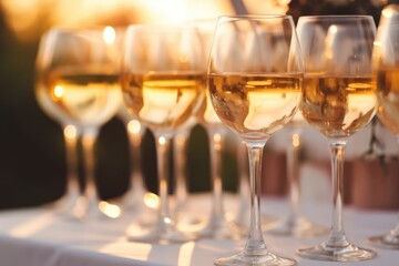 A row of white wine glasses catching the golden hues of a sunset, creating a warm, celebratory atmosphere at an outdoor event. Elegant White Wine Glasses at Sunset Event