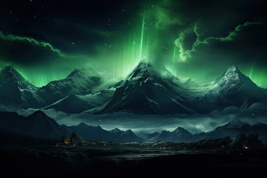 Northern Lights Glow Over Mountain Peak. Green Aurora Borealis with Meteor, Night Landscape Background