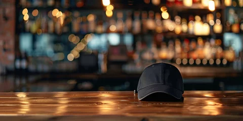Poster black cap on a wooden bar counter mockup Generative AI © València