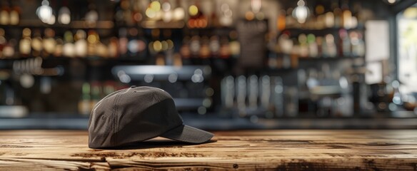 black cap on a wooden bar counter mockup Generative AI - obrazy, fototapety, plakaty