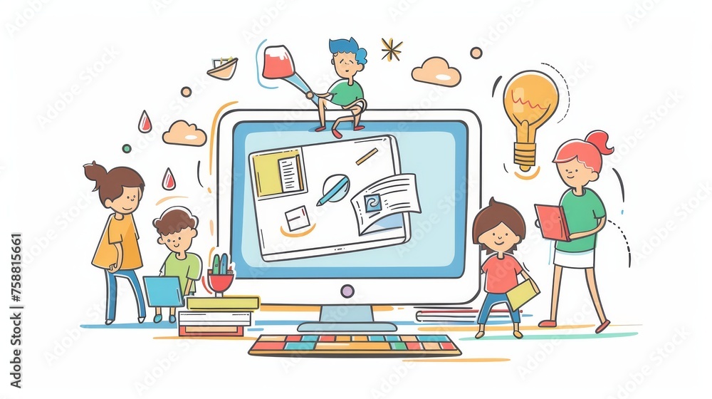 Aufkleber children are studying in front of a large computer monitor. modern illustration in flat design style