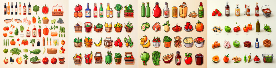 Icons include milk, eggs, bread, fruits, vegetables, etc. Designed to make creating a grocery...