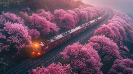A majestic train winds its way through a vibrant pink forest filled with lush trees and vibrant foliage, creating a magical and surreal scene