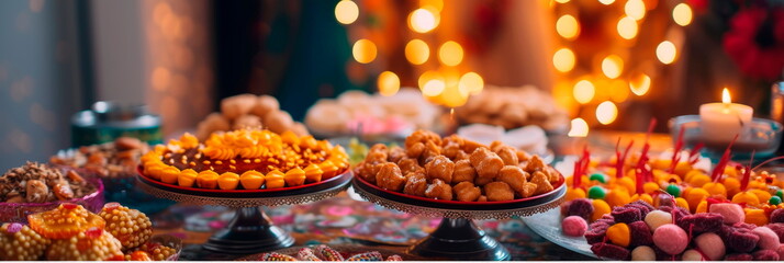 family gathering during Eid with delicious traditional Indian sweets and festive decorations. - obrazy, fototapety, plakaty