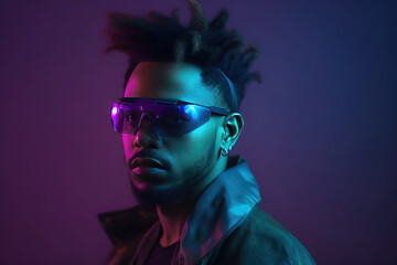 Portrait of african american man with afro hairstyle in neon light