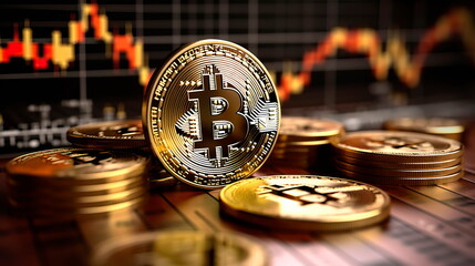 Bitcoin coin surrounded by financial charts, representing the impact of cryptocurrency on the market.