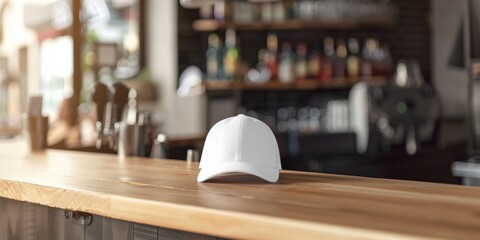 Fototapeta na wymiar white cap on wooden bar counter mockup Generative AI