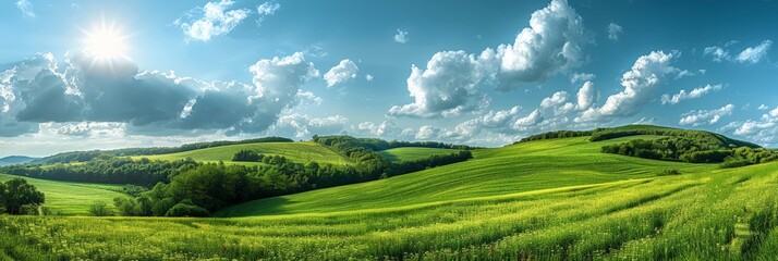 A serene green field stretches out beneath a vibrant blue sky scattered with fluffy clouds, surrounded by tall, majestic trees