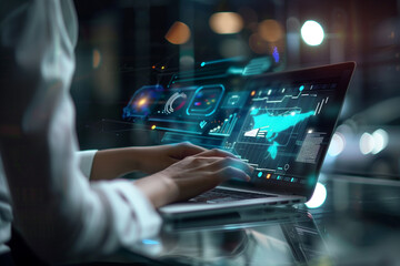 Data scientist Programmer using laptop analyzing financial data on futuristic virtual interface. Algorithm. Global business development strategy and planning digital technology - obrazy, fototapety, plakaty