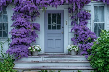 Lavender wisteria blooms frame a white houses entrance, enhancing its charm