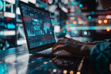 Data scientist Programmer using laptop analyzing financial data on futuristic virtual interface. Algorithm. Global business development strategy and planning digital technology