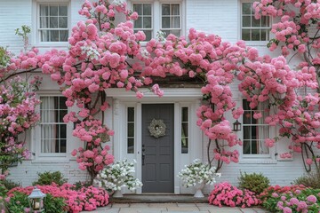 A charming house adorned with vibrant pink flowers blooming on its facade, creating a picturesque and inviting scene